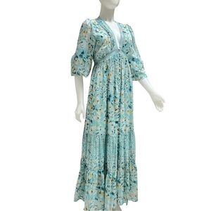 Tiered Maxi Shirt Dress Prairie Cottage Core‎ Blue Floral Romantic Boho NWT Sz L